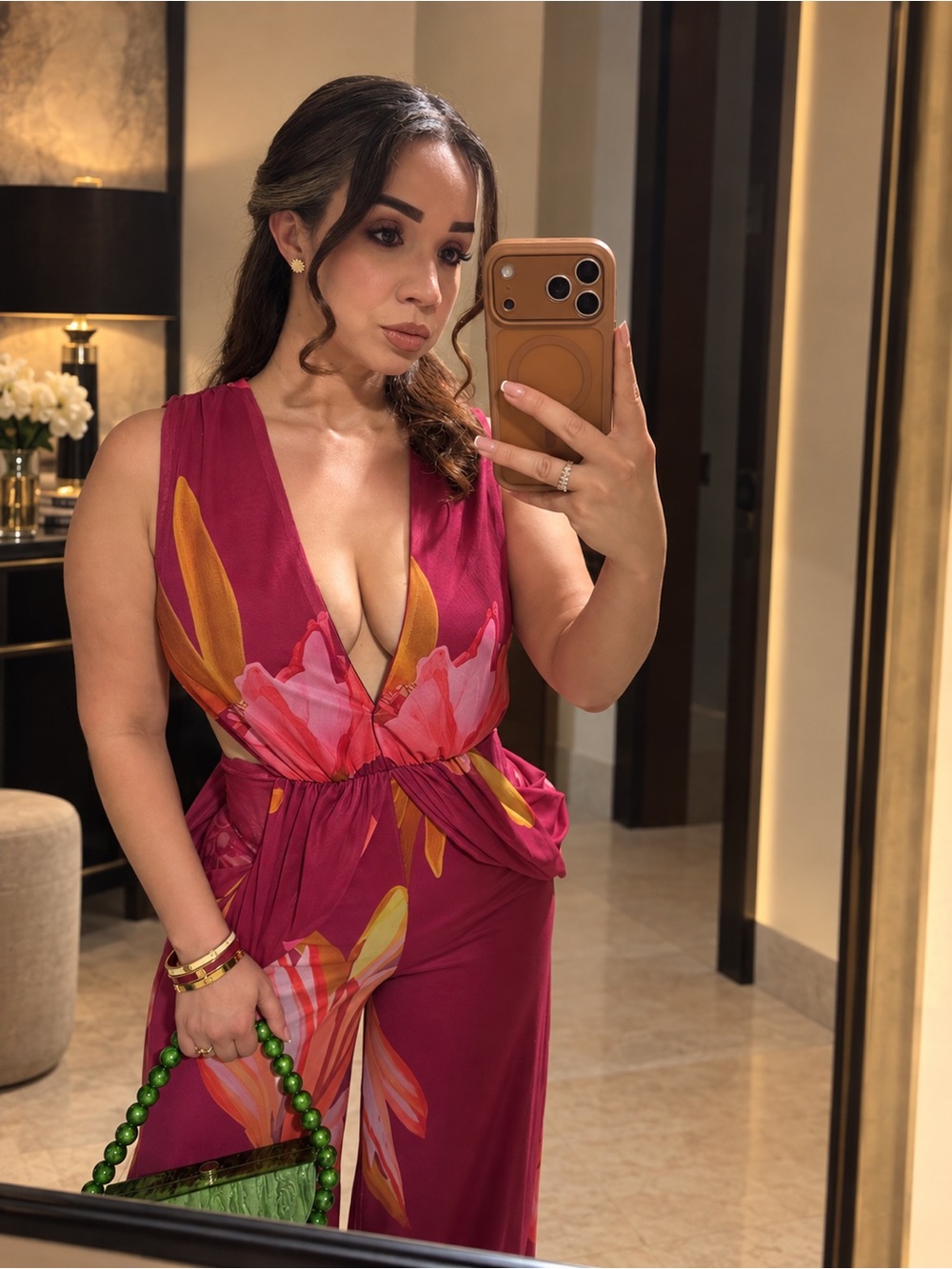 Fashion Nova Magenta Floral Plunging Jumpsuit
